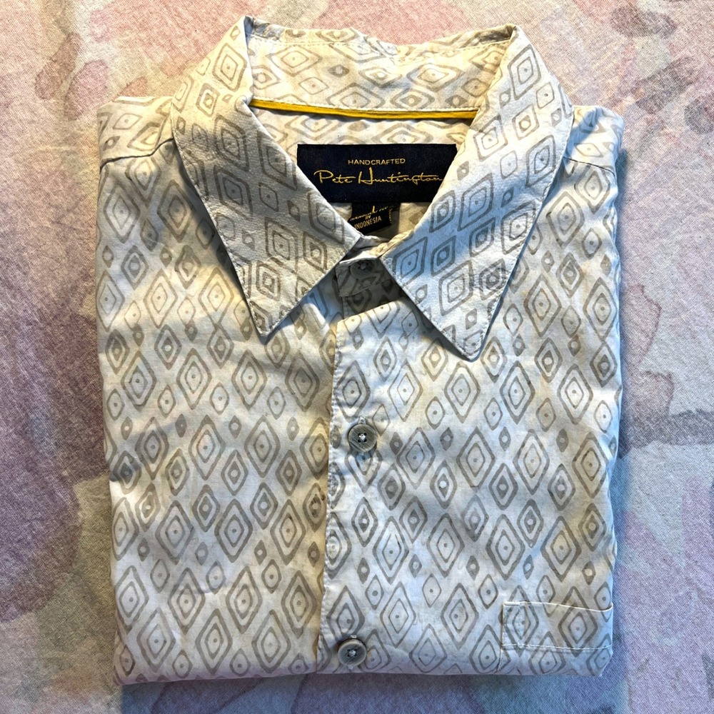 Pete Huntington Button Up L Mens Handcrafted Cotton Geometric Diamond Cream Tan